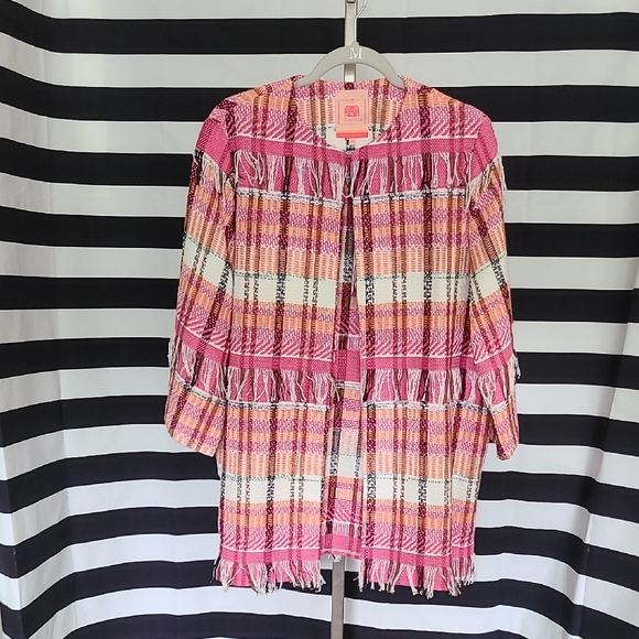 Vilagallo Jackets & Blazers - Pink Plaid Fringe Cardigan
